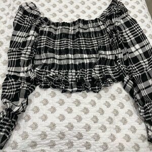 Fashion Nova Black and White Checkered Off-Shoulder Blouse